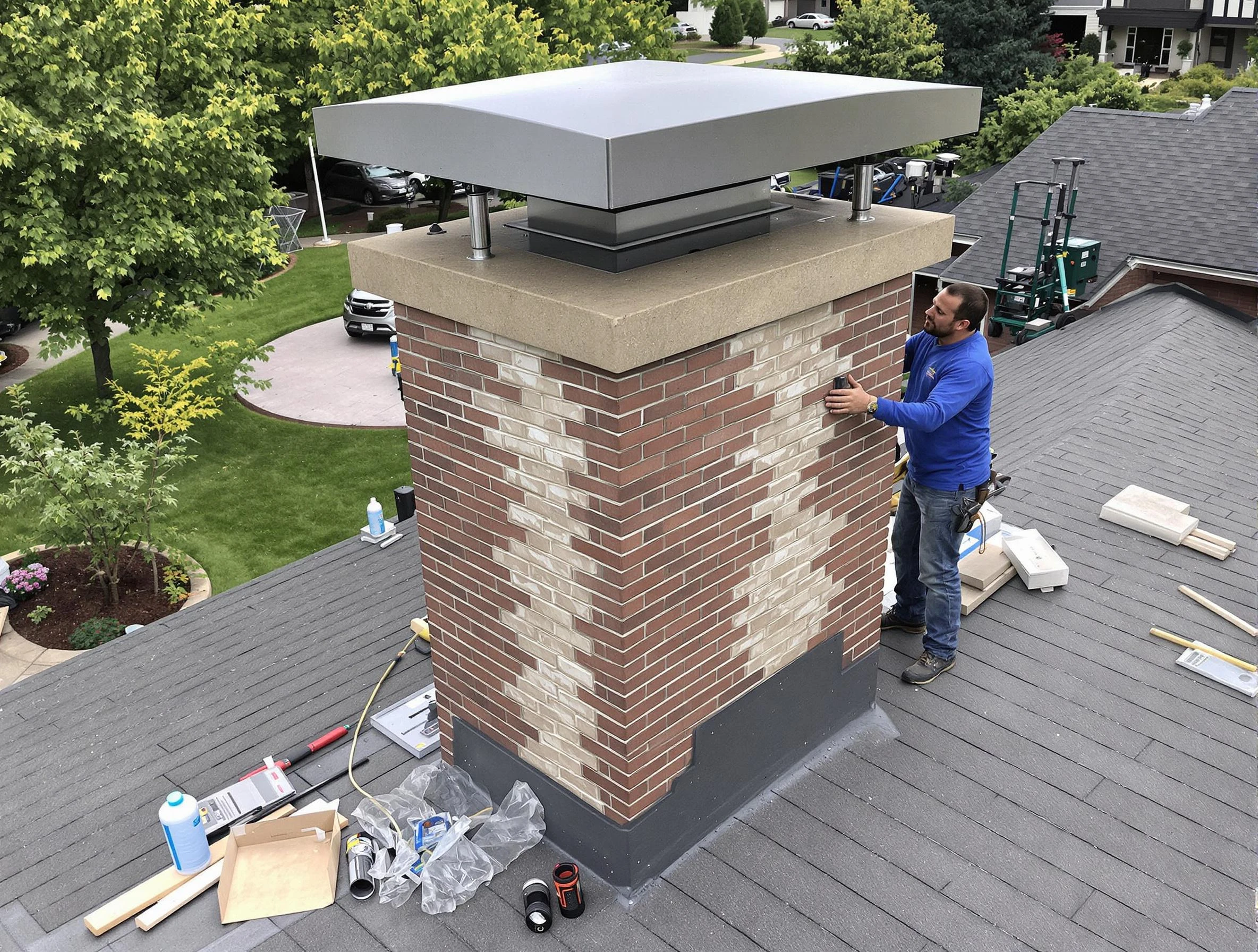 McLoud Chimney Sweep team working on a custom chimney remodel in McLoud, OK